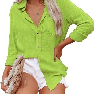 Plus Size Button Down Shirt Loose Fit Blouse Long Sleeve linen Top XXL